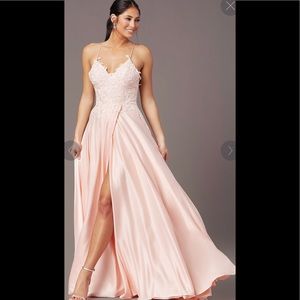 Lace-Bodice Long Satin Formal Dress